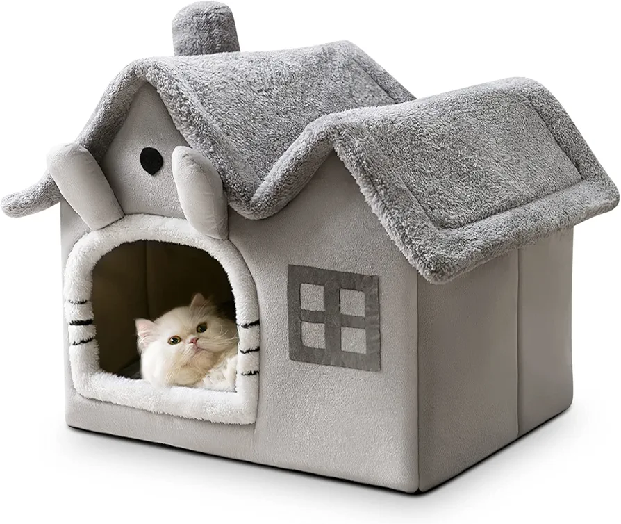 ALLSOPETS Casa para Perro Interior Casa para Gato Cama Plegable para Perro con Cojín Extraíble para Perros Gatos Nido de Gato Cálido de Invierno Cueva para Cachorros Sofá (Gato Gris, M)