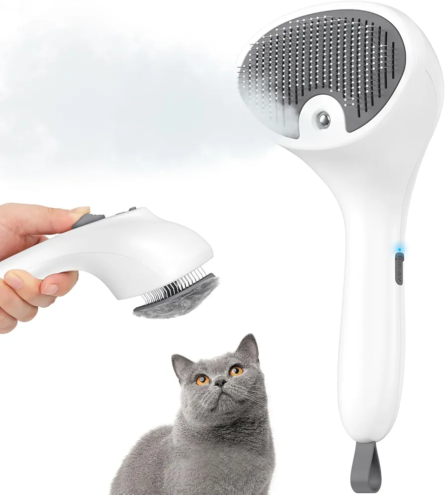 Euqvunn Cepillo a Vapor para Gatos con Botón de Liberación, [Diseño Ultra-Silencioso/Mango Ergonómico] Cepillo gato Vapor Recargable para Mascotas, Cepillo para Gatos y Perros