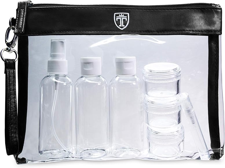 TRAVANDO Neceser Transparente, 7 envases Impermeables (MAX.100ml) - 1l de Capacidad - Bolsa de cosméticos, Equipaje de Mano - Transporte de líquidos en el avión, Botella Set de Viaje - Hombre, Mujer