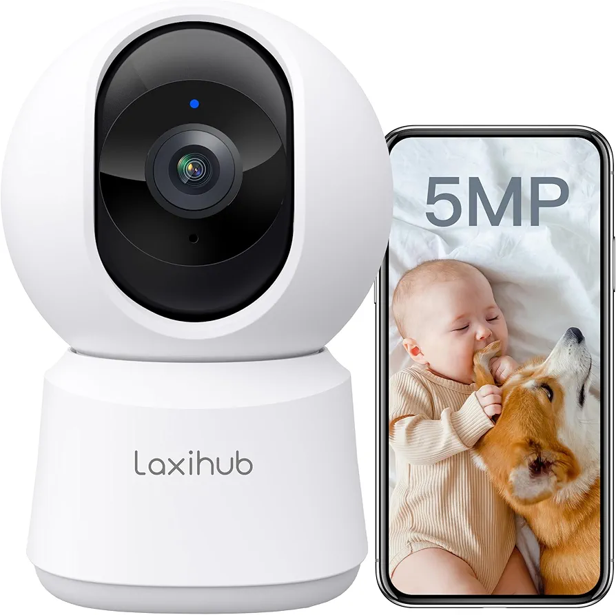 LAXIHUB 5MP Cámara Vigilancia WiFi Interior, 2,4/5GHz Cámara Vigilancia Domicilio WiFi, Cámara para Perros PTZ 355°, Audio Bidireccional, IP Cámara para Mascotas Compatible con Alexa