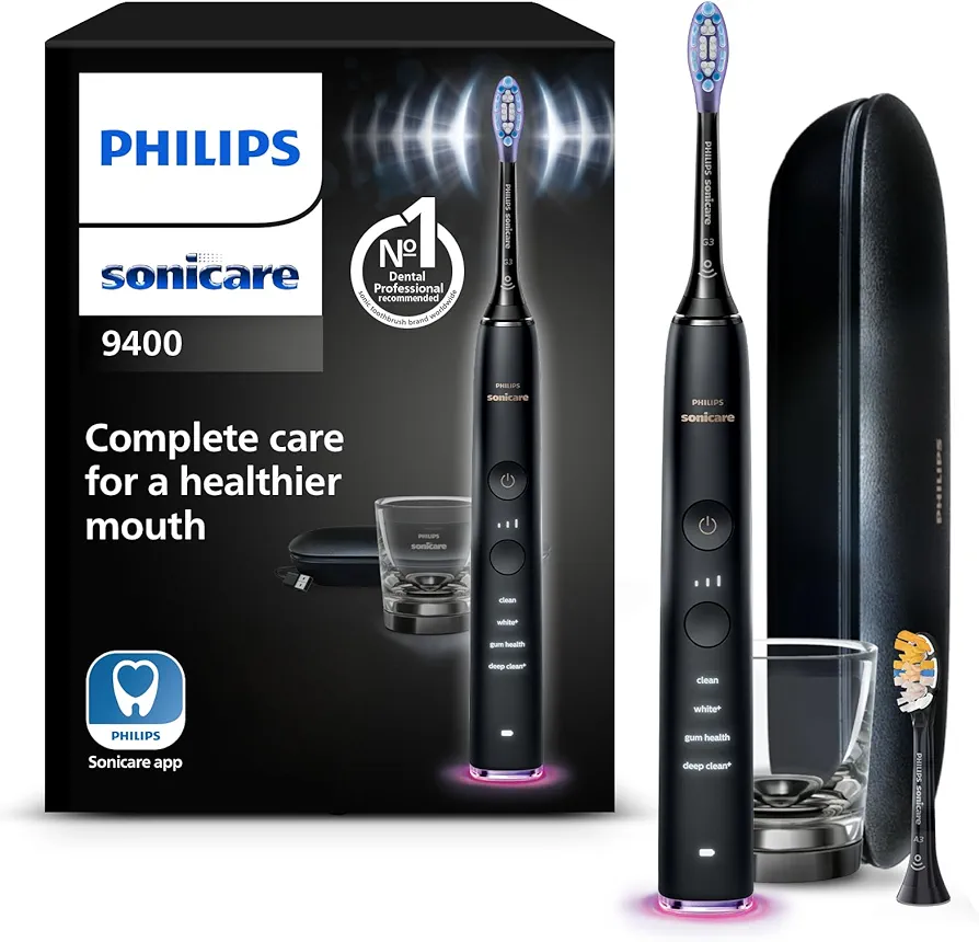 Philips Sonicare DiamondClean Smart 9400, cepillo dental eléctrico, sónico con aplicación, sensor de presión, detección de cabezal de cepillado, negro, modelo HX9917/89