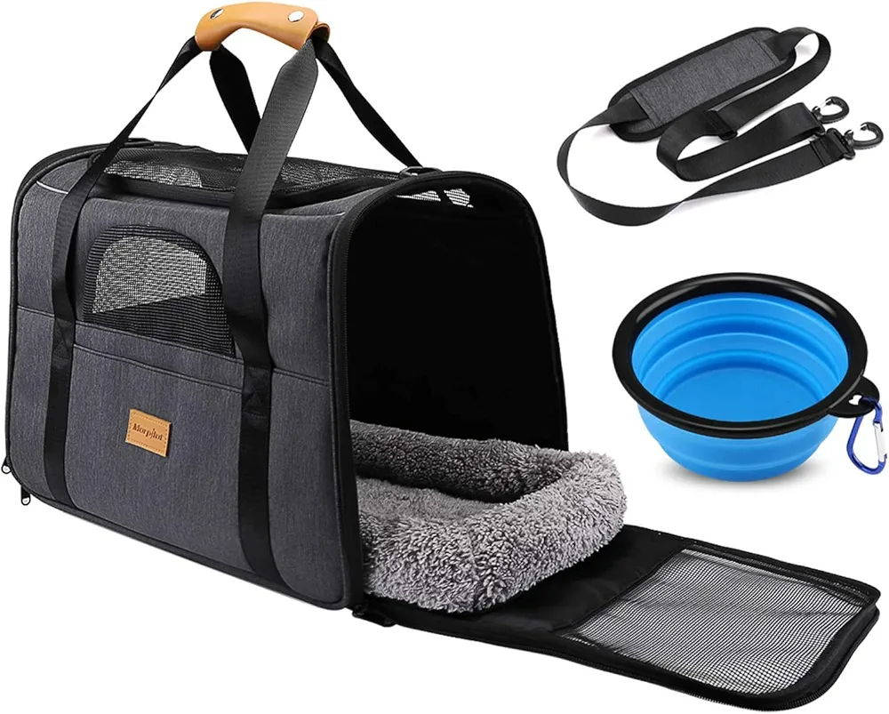 morpilot Transportín Perro Gato, Bolsa Transporte Transpirable para Mascotas, Portador de Viaje con Correa de Hombro Ajustable, Transporte de Gato con Colchón Suave+Tazón (17.3 * 12.2 * 13.4 Inch)