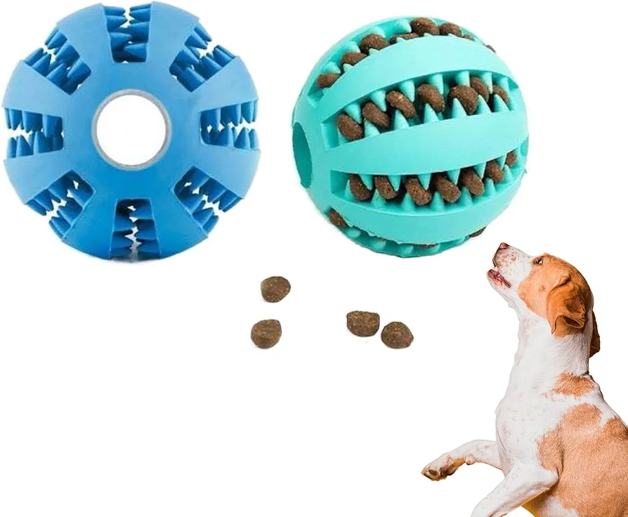 DistriPet Pelota Perro, Juguete Perro, Set de 2 Unidades de Caucho Natural, Bolas de Limpieza de Dientes y Dispensador de Golosinas Duradero y Resistente (5 cm - Azul y Verde)