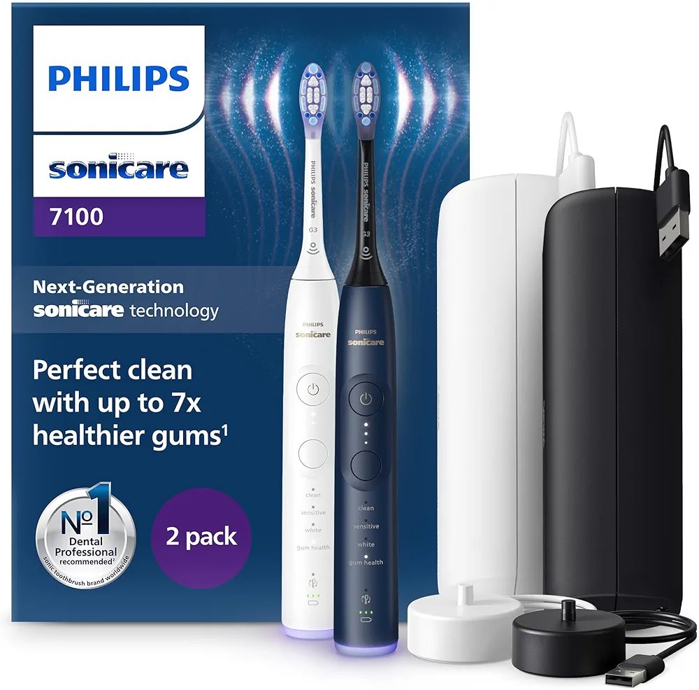 Philips Sonicare 7100 cepillo dental eléctrico, cepillo dental sónico con 4 modos de cepillado y 3 niveles de intensidad, alerta de presión, EasyStart, blanco y azul marino, paquete de 2, HX7429/01