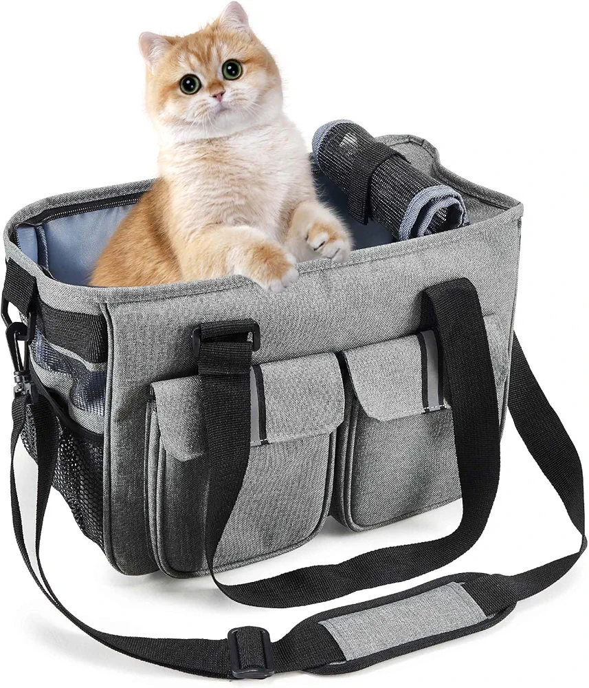 HAPPY HACHI Transportin para Gatos, 38 x 20 x 24 CM, Portador Transportín Perro pequeño, Bolsa Malla Transpirable para Viaje Bolso Hombro, Gris