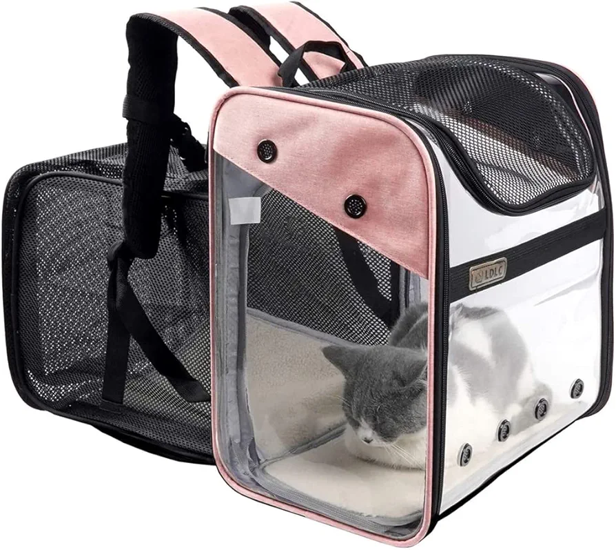 Portador de Mascota Mochila Extensible para Perro Gato 10kg, Bolsa Transporte para Viaje, Transparente Plegable Transpirable y Espaciosa con Cojín de Felpa, Transportín Aprobada por Aerolínea (Rosa)