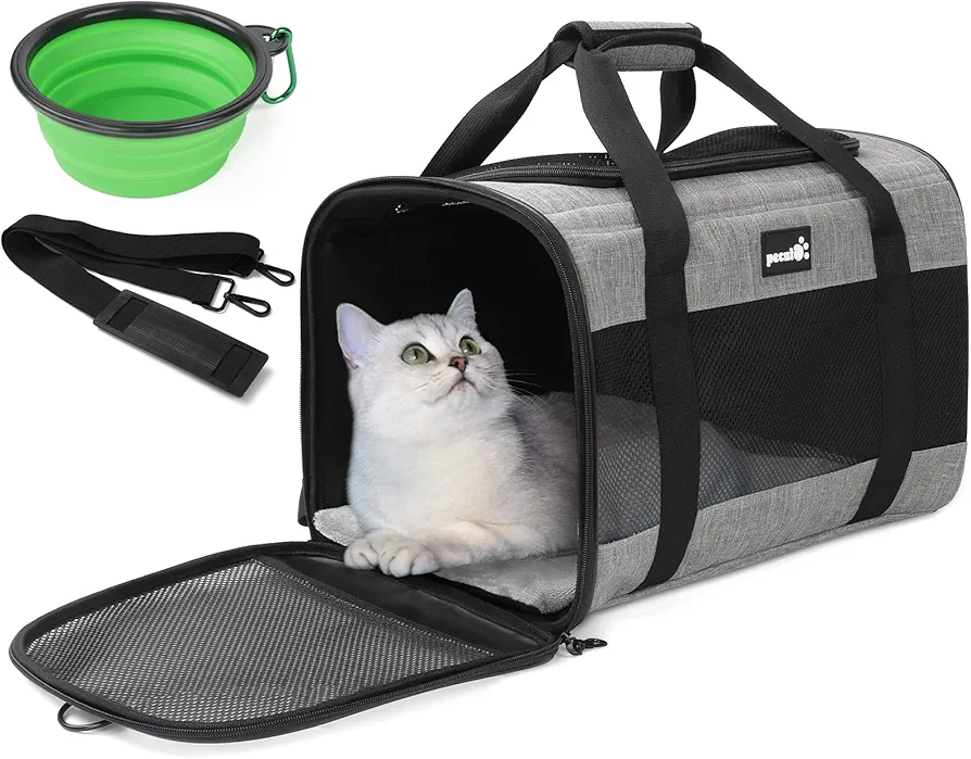 Pecute Transportin Gato,Transportin Perros Pequeñas Carga Máxima 4 kg,Bolsa Transporte para Mascotas Portador de Viaje con Correa de Hombro Ajustable y Colchón Suave+Tazón