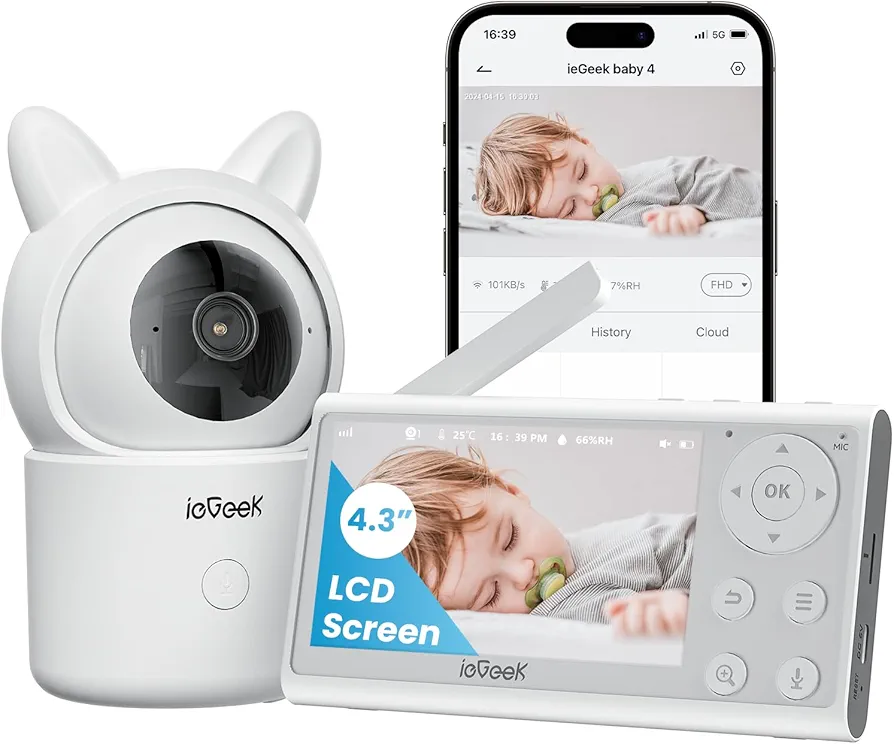 ieGeek 1080P Camara Vigilancia Bebe con App Control Remoto, 4,3" LCD Pantalla, Voz Bidireccional, Visión Nocturna Color, Detección Movimiento y Ruido, Rotación 360º, Alarma Área Personalizada