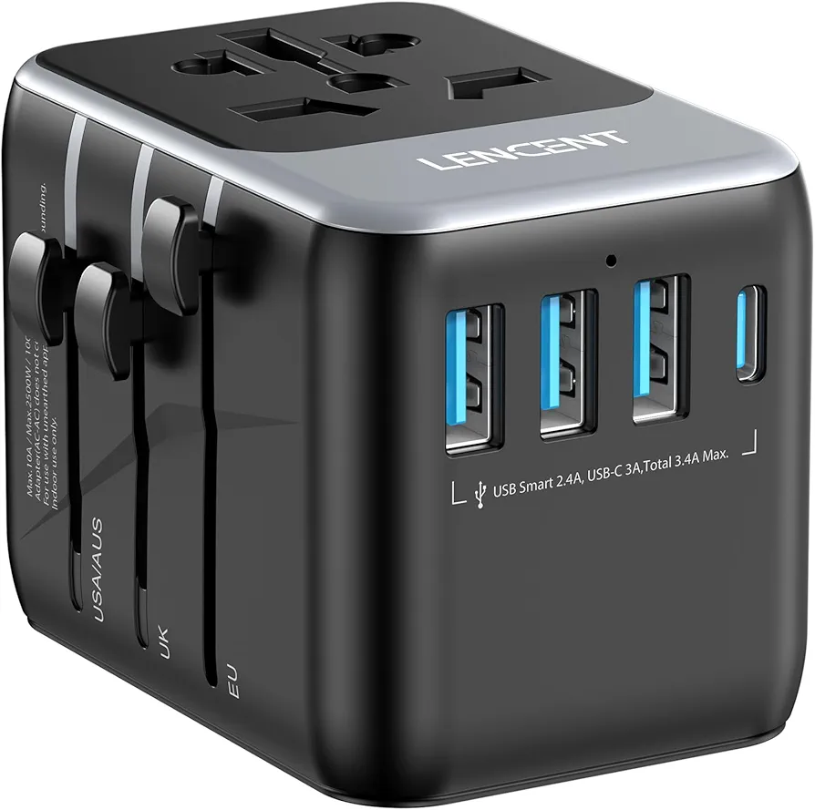 LENCENT Adaptador Viaje Universal, Cargador Internacional con 3 Puertos USB y 1 Tipo-C para Móvil, Portátil, Adaptador Enchufe Viaje para Más de 200 Países (USA, UK EU AUS),Tipo A/C/G/I, Gris