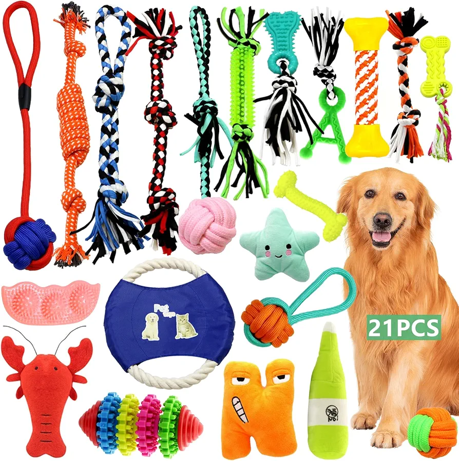 YUTUY Juguetes para Perros,21 Piezas Juguete para Morder para Perro,Durable Masticable Cuerda,Juguetes Interactivos para Limpiar los Dientes Adecuado,Cuerda Juguete,para Perros Pequeño y Mediano