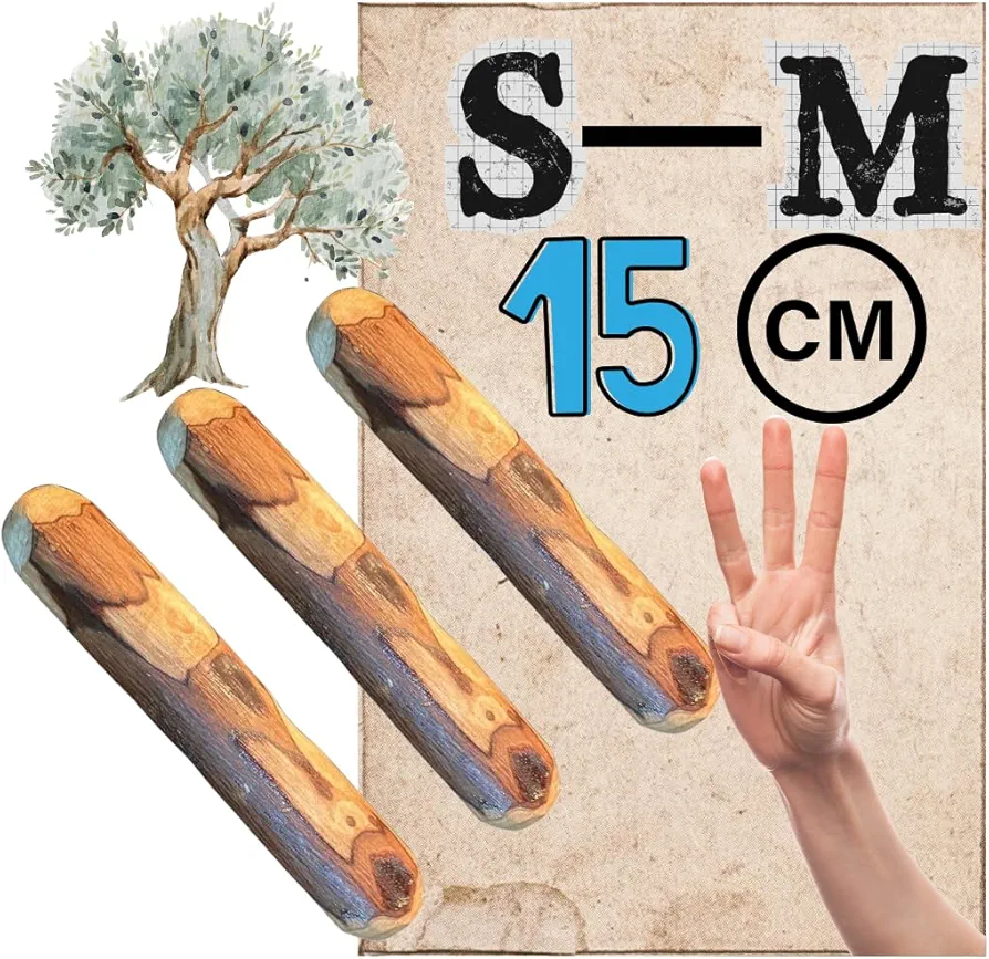 3 Palos mordedor de Madera de Olivo para Perros | S-M (13-15 Cm) Juguete Dental Seguro, Ideal para Aliviar la Ansiedad y el Cuidado Dental de tu Mascota/Aceite de Oliva Virgen Extra