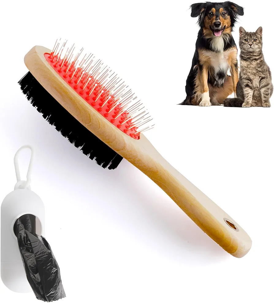 Cepillo Perro y Gato Cepillo para Pelo Corto o Largo Cuerpo en Resistente Madera Natural Con Dos Tipos de Cepillo Quitapelos Incluye un Dispensador de Bolsas Antibacteriano para Mascotas