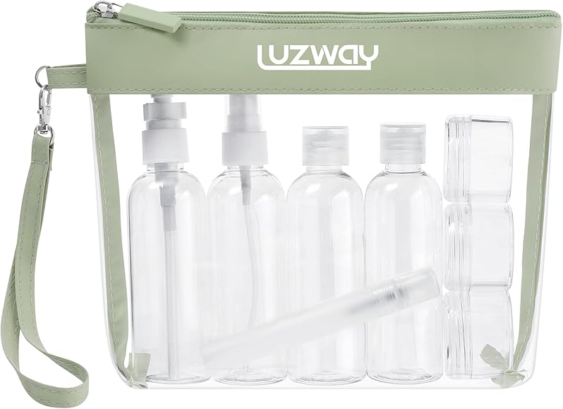 Neceser Transparente, LUZWAY Bolsa de Cosméticos Impermeable, Bolsa de Aseo Claro PVC + 8 Botellas de Viaje (MAX.100ml), Transporte de Líquidos en Avión para Mujer y Hombre