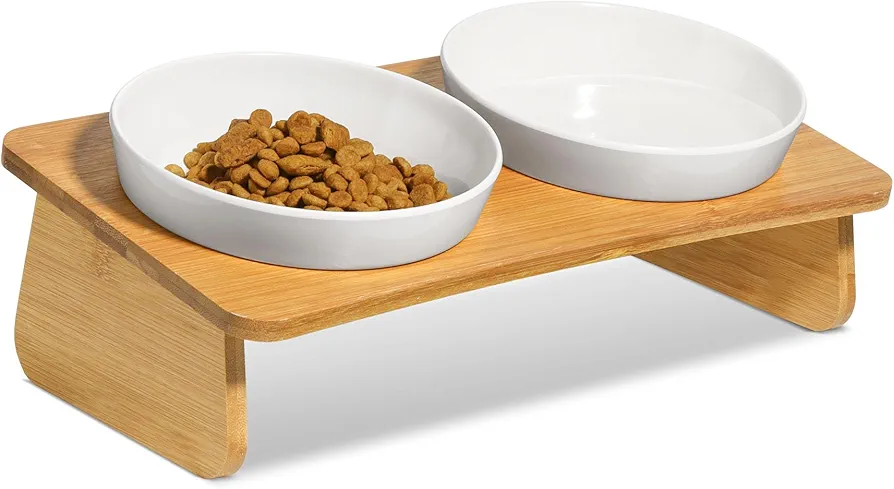 ComSaf Cuenco Elevado para Gatos con Soporte de bambú, alimentador Elevado para Mascotas con 2 Cuencos de melamina, Cuenco para Gatos y alimentación de Agua,Color Blanco