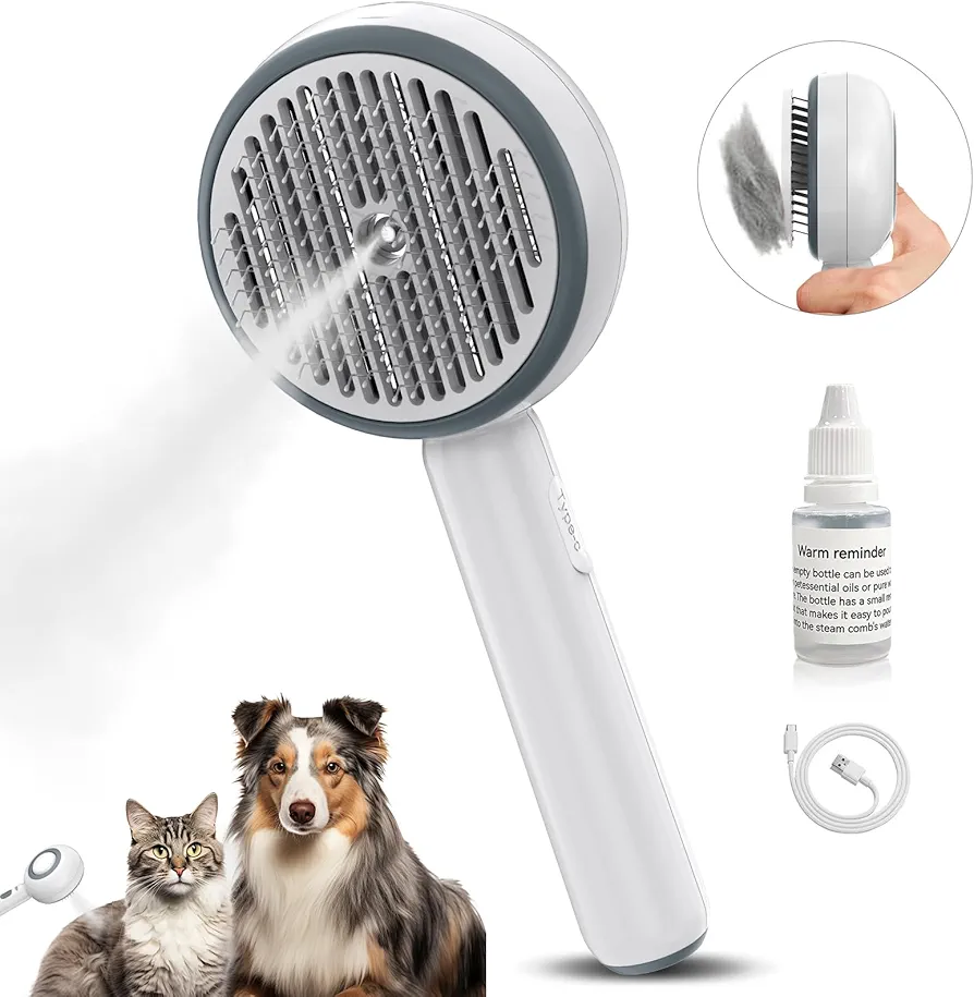 Cepillo para Gatos Cepillo para Perros Mascotas, 3 en 1 Cepillo de Vapor para Gatos con Depósito de Agua y Spray, Limpia el Pelo de la Mascota del Cepillo con un Botón, Recargable por USB (Blanco)