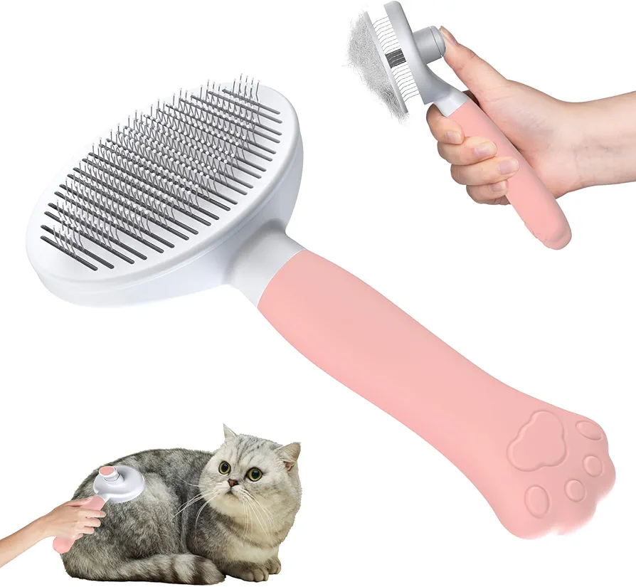 Cepillo para Gatos y Perros Zivacate [Agarre Ergonómico y Limpieza con un Solo Clic y Patented design] Cepillo Quitapelos Mascotas para Perros/Gatos/Conejos de Pelo Corto y Largo((Rosa)