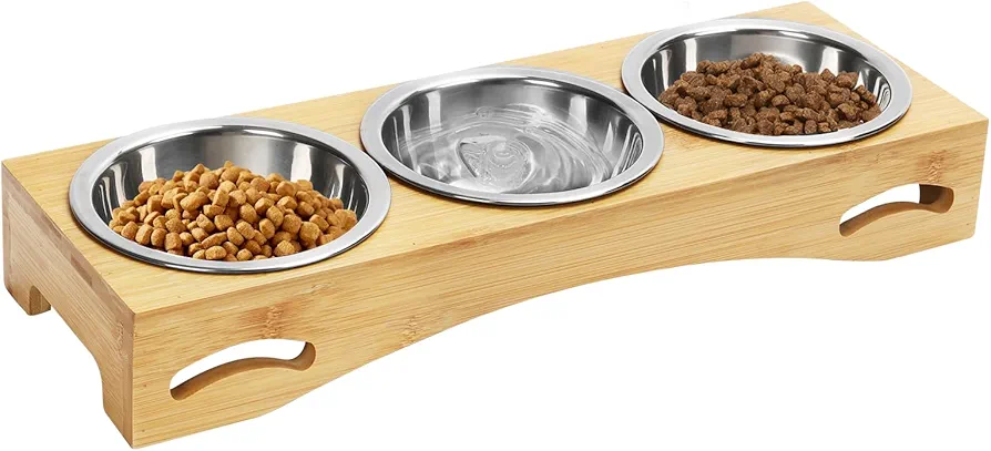 Cinnani 3X Comedero Gato, Comedero Perro Elevado, Cuenco Gato con Soporte de Bambú, Comederos y Bebederos para Gatos y Perros Pequeño, 3 Cuenco Perro de Acero Inoxidable para Comida y Agua