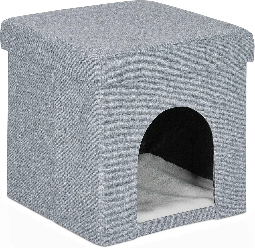 Relaxdays Casa Cueva Gato Taburete Cubo, Cama con Cojín Perros Pequeños, Refugio Mascota, 38,5 x 37 x 37 cm, Gris Claro, Poliéster