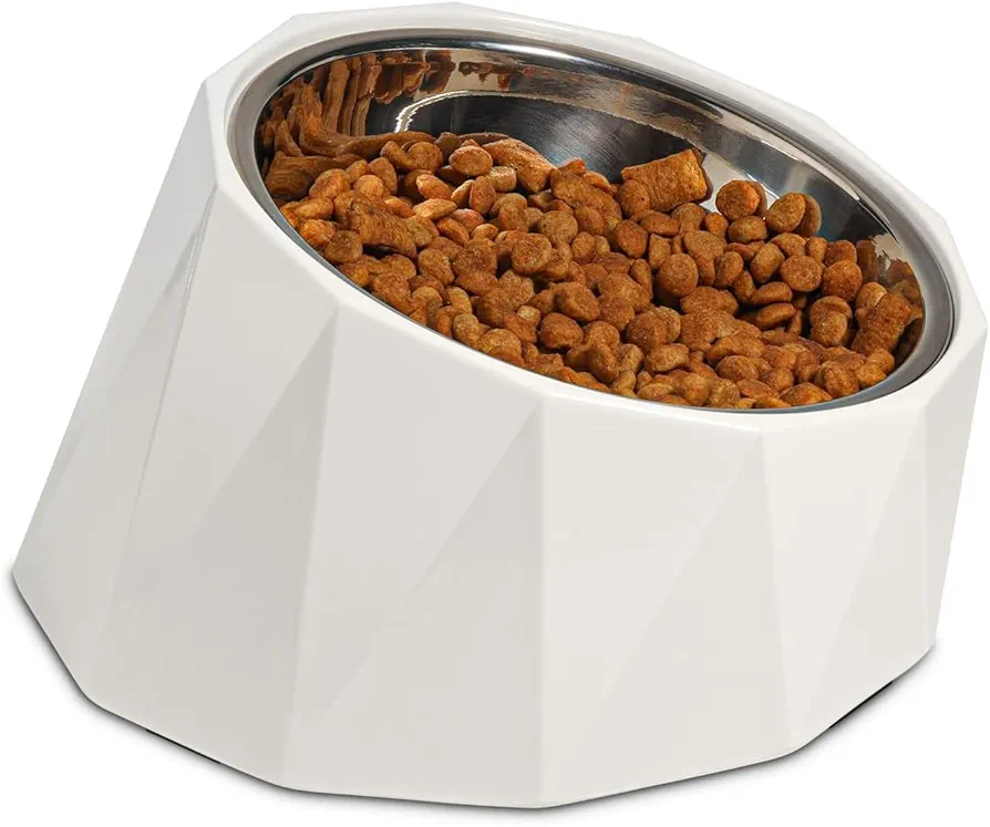 Comsaf Cuenco de Acero Inoxidable Inclinado de 15 °, alimentador para Mascotas con ángulo Inclinado, para Perros y Gatos, Cuenco de alimentación Antideslizante y no derrames, Blanco