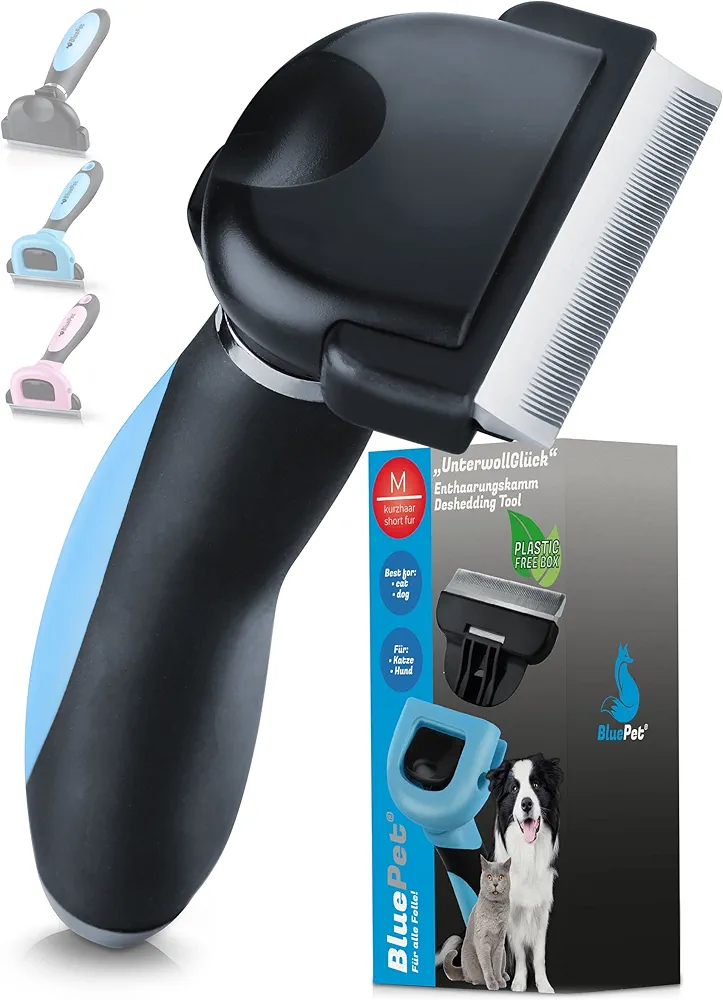 BluePet® Cepillo Profesional Para Gatos y Perros de Pelo Corto - Peine para Eliminación del Subpelo Muerto - Para un Pelaje sano (2.0 Autolimpiante Azul)