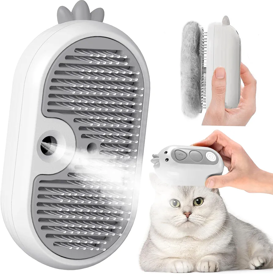 Cepillo Vapor Para Gatos Con Botón de Liberación, Recargable Cepillo Gato Vapor Para Pelo Largo y Corto Gatos Perros Conejos, Autolimpiable Cepillo Para Gatos Para Mascotas con Pelo Suelto (Blanco)