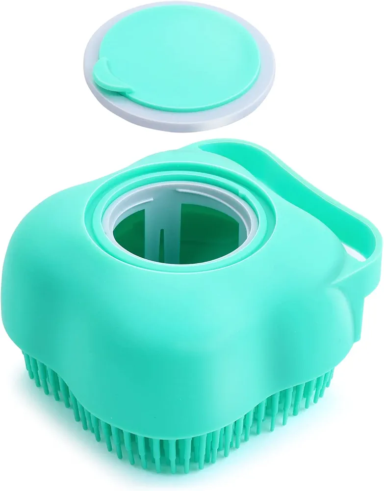 Molain Cepillo de baño para perros y gatos, cepillo de goma de silicona, cepillo de masaje para cachorros, cepillo de limpieza de pelo suave, dispensador de champú (azul claro)