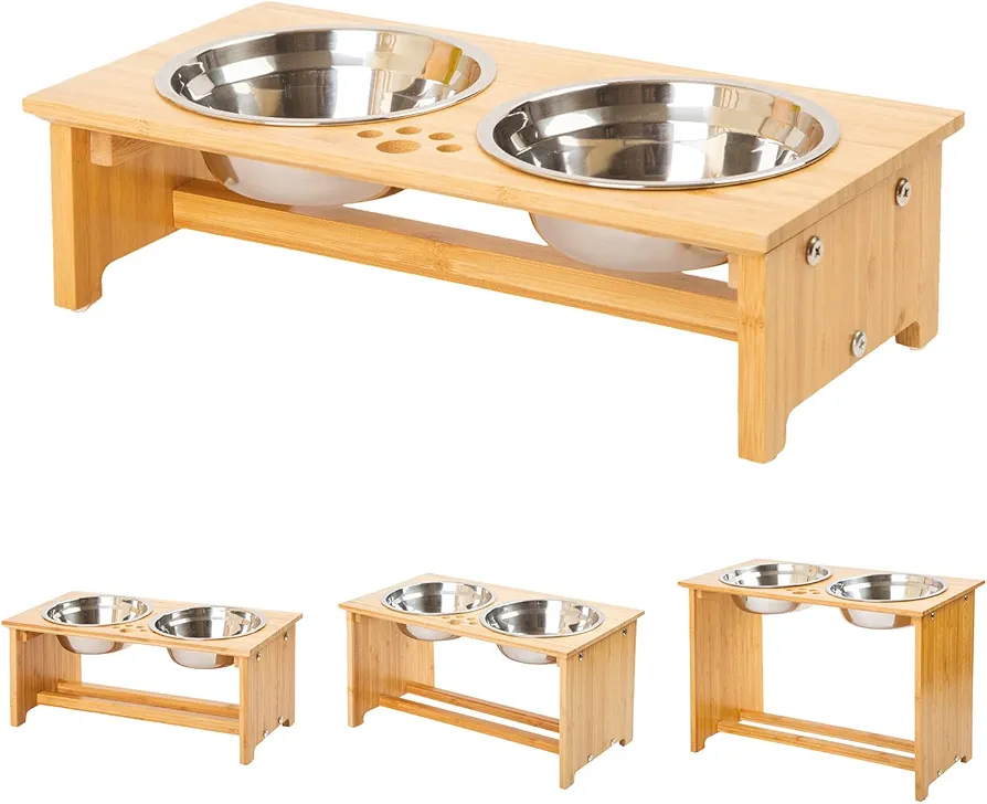 Cajones para Perros levantados para Gatos y Perros - Cajones de Comida y Agua para Gatos con elevaciones de bambú Soportes para alimentadores con 2 tazones de Acero Inoxidable (S)