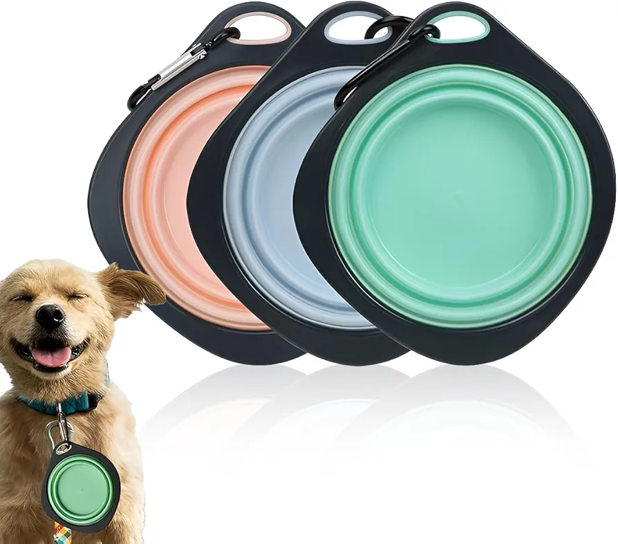 SULIUDAJI 3 Piezas Bebedero Plegable, Bebedero Perro Portatil,Cuenco De Silicona Para Mascotas, Plato Para Perro Portátil Con Mosquetón, Comedero De Viaje Para Perros Y Gatos