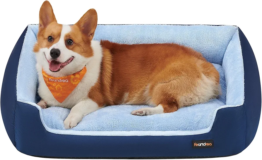 Feandrea Cama para Perros, Sofá Cama para Mascotas, Alfombra Extraíble y Reversible, Bordes Elevados, Base Antideslizante, Talla L, 85 x 65 x 21 cm, Azul Carbón y Azul Pálido PGW004Q01