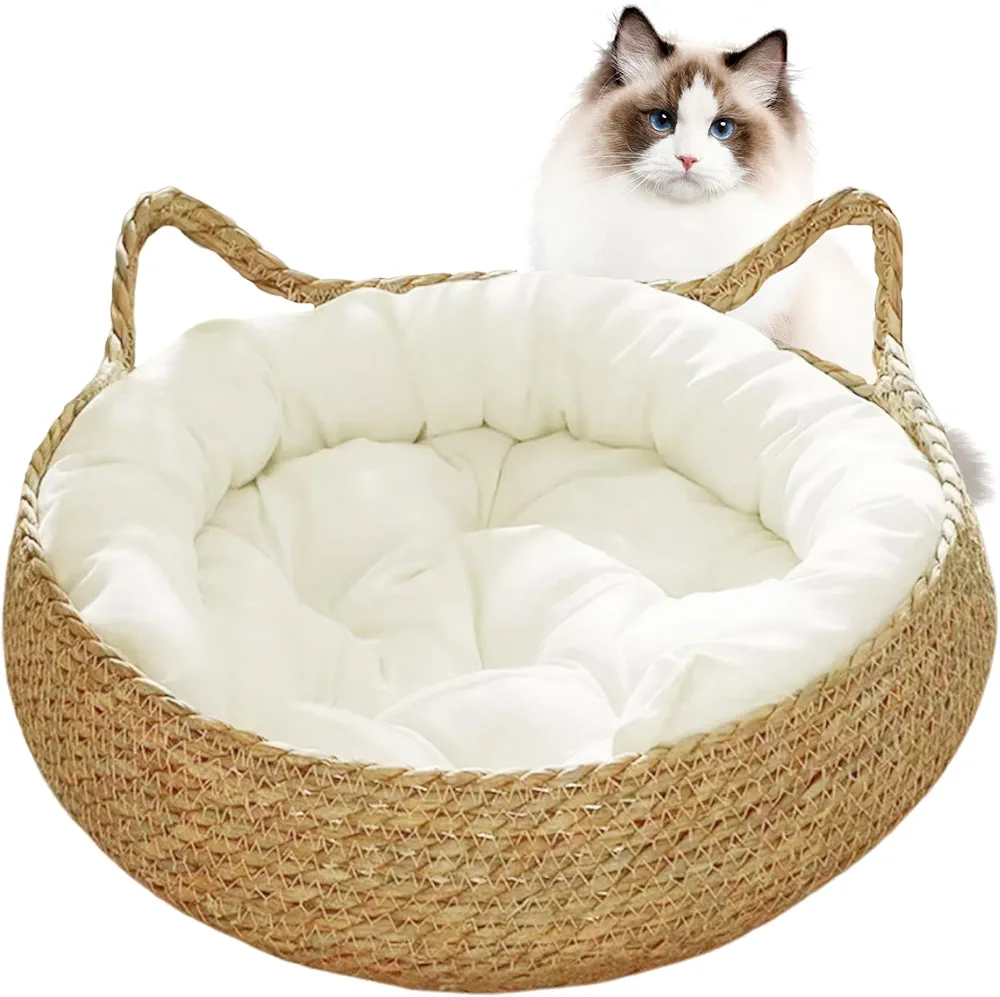 Obelunrp Cama de Gato, Cama de cestas de Gato Tejidas de 15 Pulgadas con cojín Suave, Nido de Cesta de Gato de Mimbre Redondo, Cama de Gatito Acogedor sin Deslizamiento para Gatos pequeños Perros