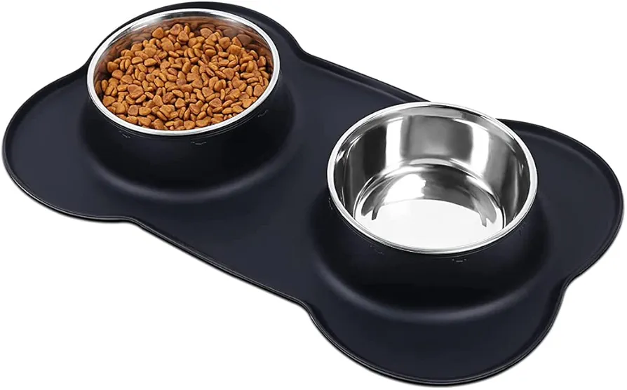 Comedero para Gatos y Perros pequeños de Acero Inoxidable con Base de Silicona Negra Antideslizante -2 Cuencos Comedero para Comida y Agua - Bebedero antisalpicaduras Perro.