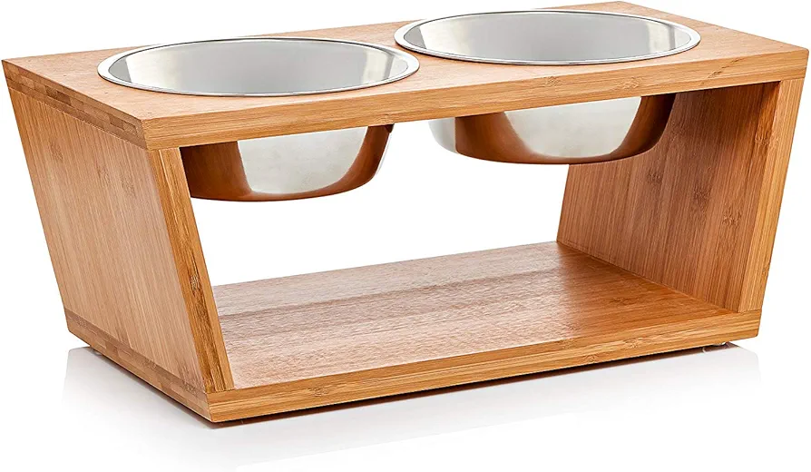 Migosset Comedero para Mascotas - Soporte Elevado de Bambu para Perros Medianos y Grandes - Alimentador de Madera - 4 Tazones de Acero Inoxidable: 4X 1650 ml – 44x 23 x 18 - Mediano