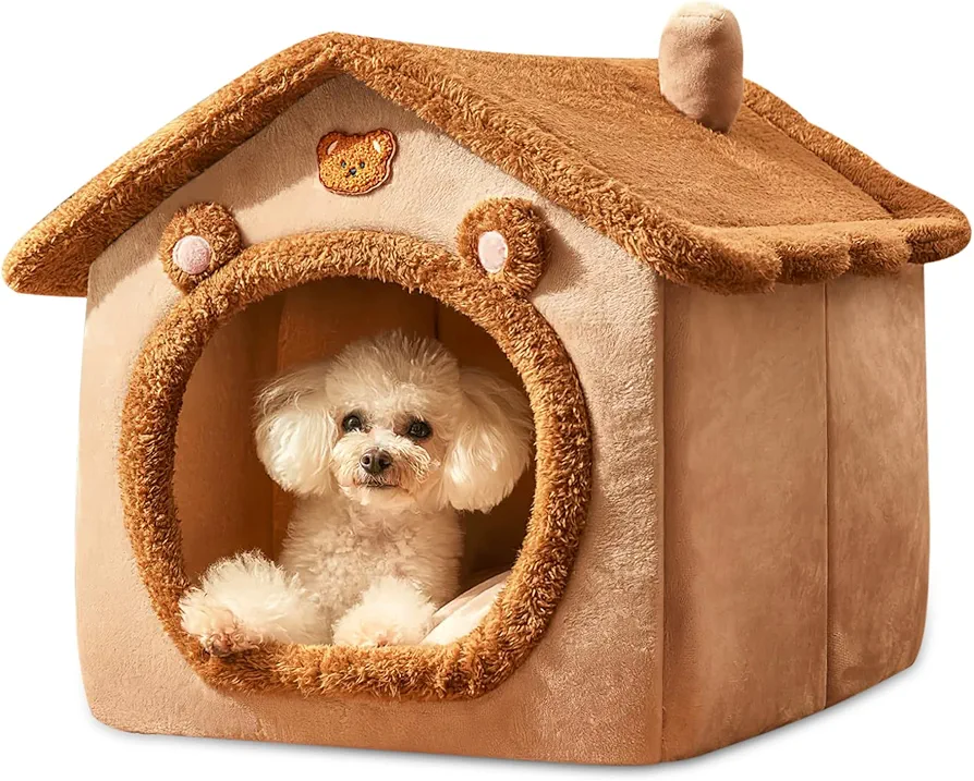 ALLSOPETS Casa para Perros Interior Cueva de Gato Plegable Cama para Perro Cálida y Acogedora con Cojín Extraíble Casa de Mascotas para Gato Cachorro Conejo (Marrón, M)