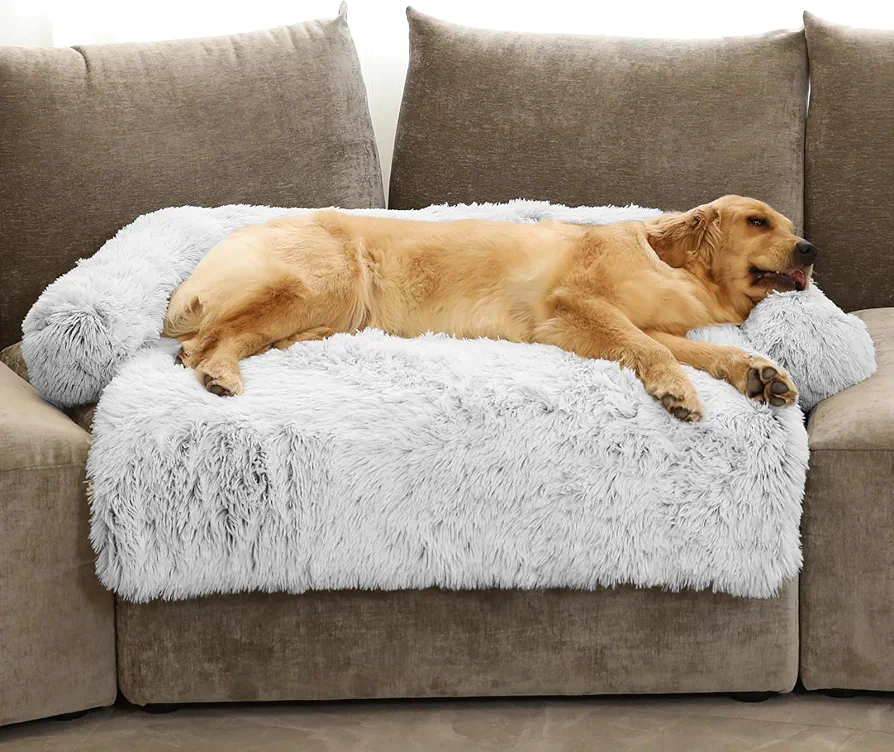 Cama calmante para perro, tapete de felpa esponjosa para protector de muebles con funda extraíble lavable para perros y gatos grandes, medianos y pequeños (pequeño (35 x 31 x 5), gris claro