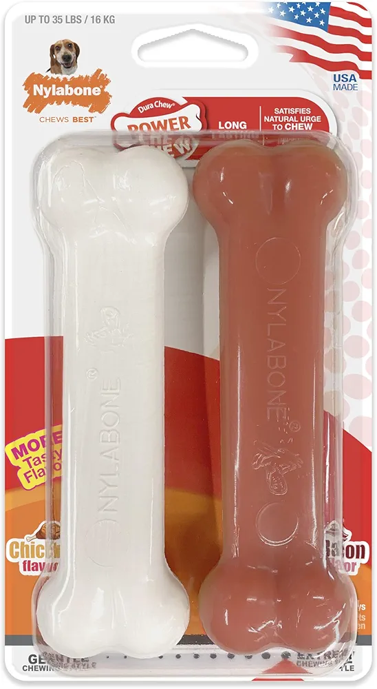 Nylabone Juguete masticable en Forma de Hueso para la higiene Dental de Perros con mordida agresiva, Hueso con Textura, sabores a beicon y Pollo, para Perros Adultos de hasta 16 Kilos 380 g