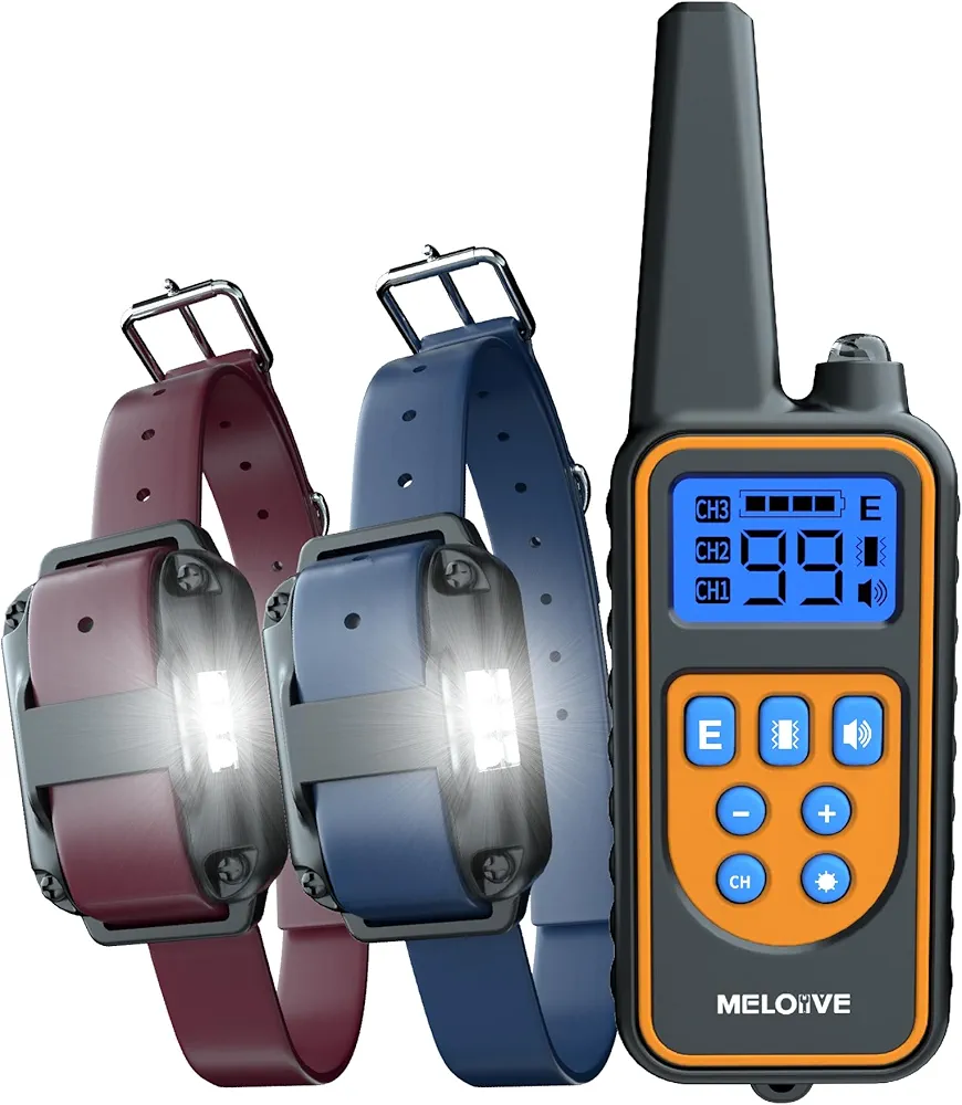 Meloive Collar de Adiestramiento Dos Perros, Recargable y Resistencia al Agua de IPX67 con un Alcance de 2300m con 99 Niveles de Modo de Vibración, Advertencia de Sonido, Luz y Modo E.