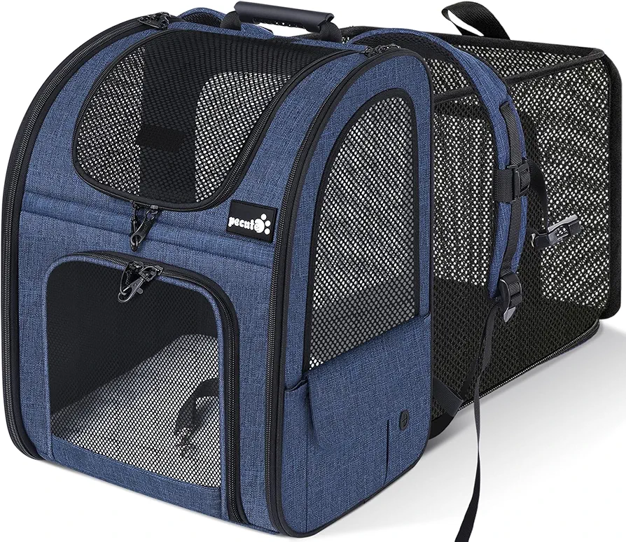 Pecute Transportin Gato Mochilas para Gatos y Perro Bolsa para Mascotas Expandible y Plegable, para Viajar en Tren/automóvil/Restaurante/avión, Gris (Azul, Ventana de Malla)