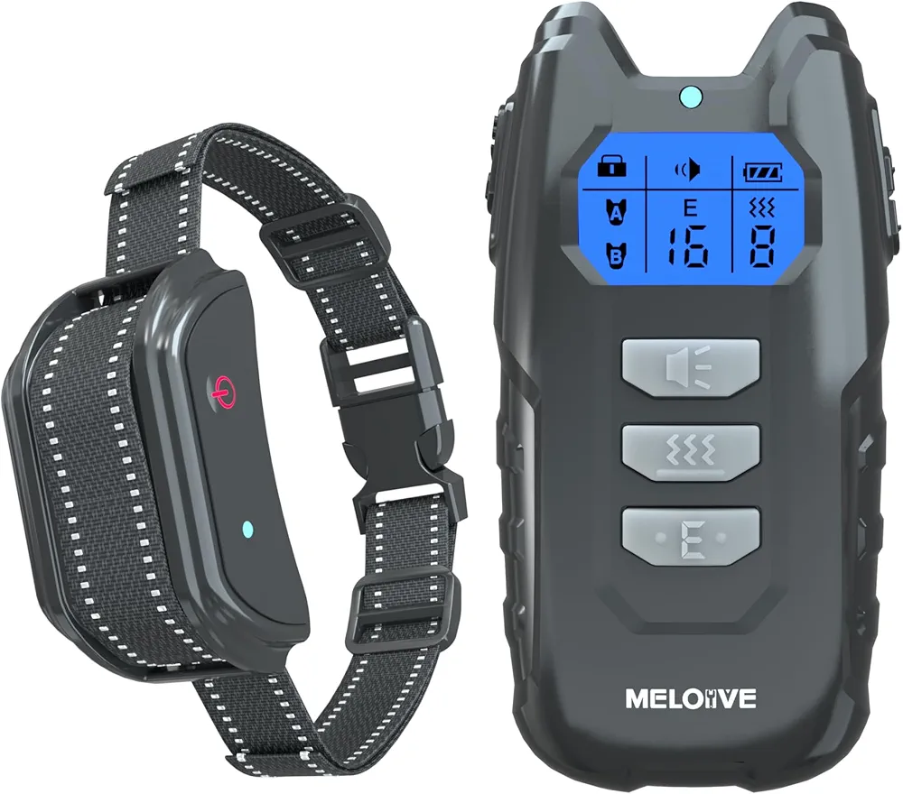 Meloive Collar de Adiestramiento para Perros, Collar para Perros 100% Impermeable con Bloqueo de Seguridad, Modos de Pitido, Vibración y E, Pantalla LCD con Retroiluminación, 3000 m de Alcance Remoto