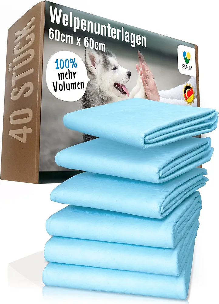 SUN-M® Almohadillas para cachorros de 60x60 cm, súper absorbentes, 40 unidades, extra gruesas, base para cachorros, almohadillas para cachorros, almohadillas de entrenamiento para perros