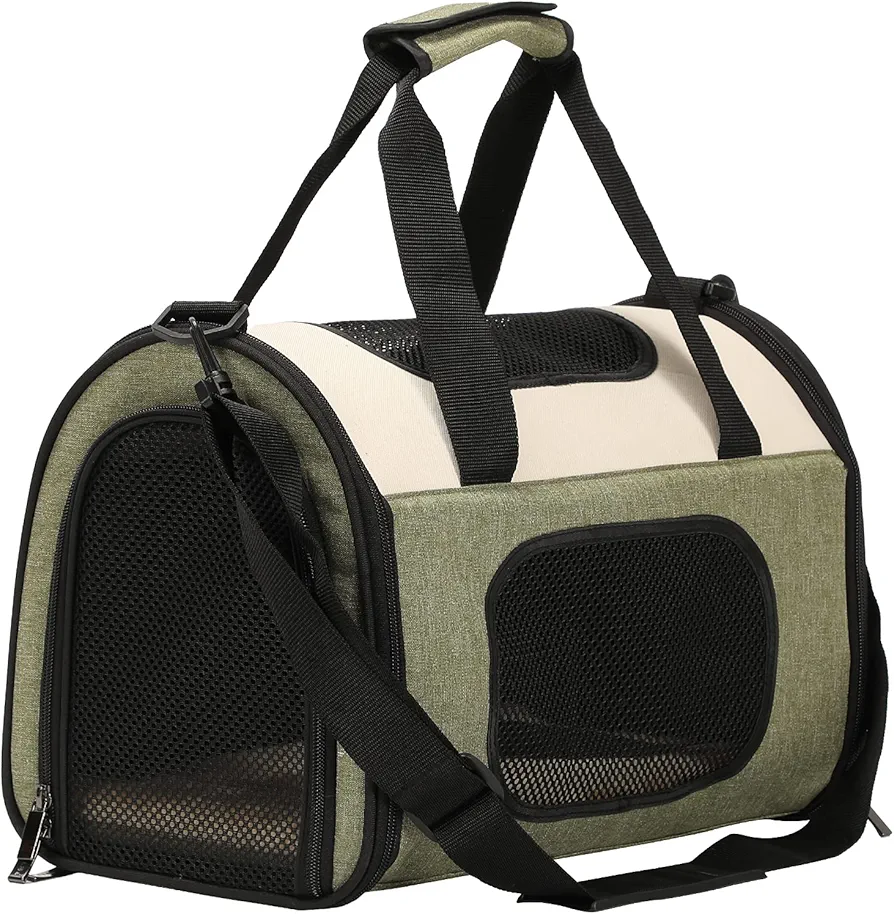 Petsfit Transportín Perro Gato,Bolsas Transporte Perros Bolsa para Perro pequeño Caja para Perro para Transporte de Viaje con Correa para el Hombro y Cojín de Peluche,Verde,M