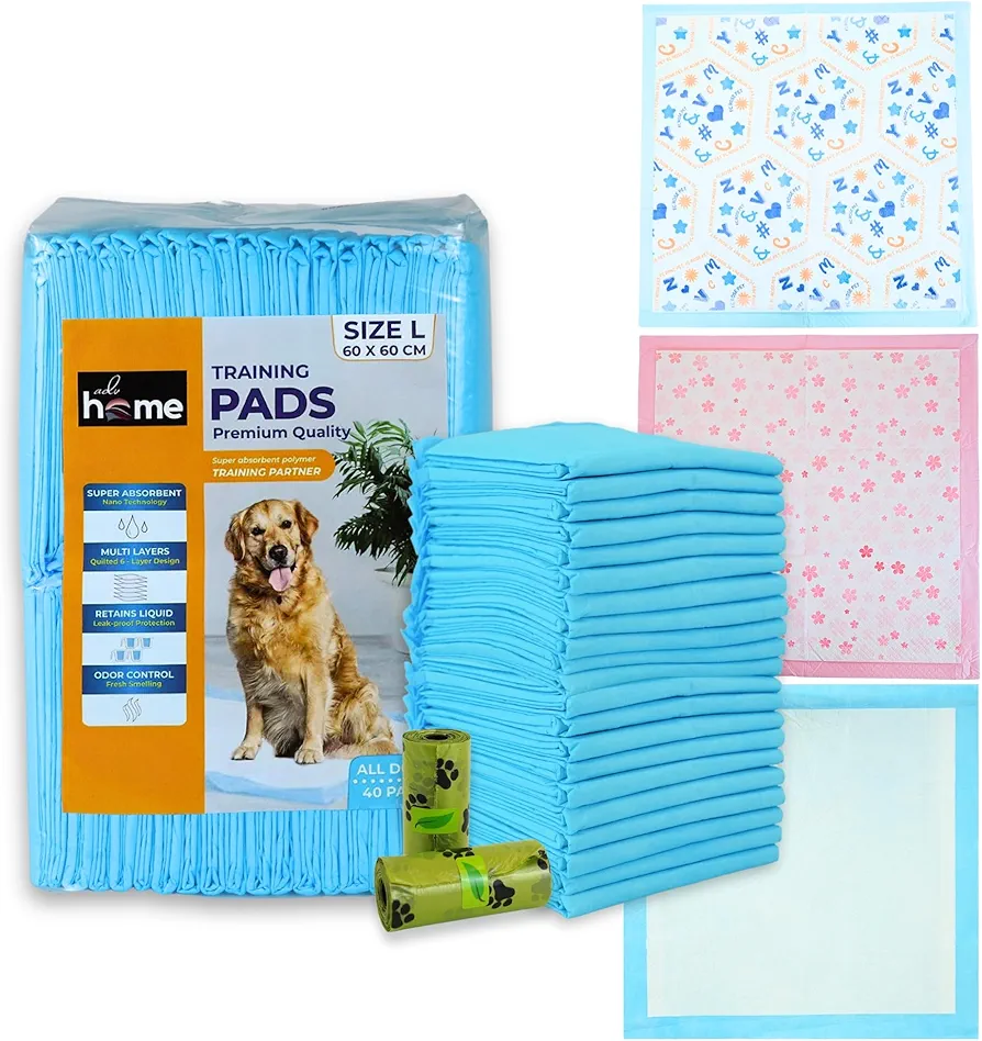 ADV HOME - Empapadores Perros - Máxima Absorción (5 Capas) - Regalo 2 Rollos Bolsa de excrementos Biodegradable - 40 Unid. - Empapadores Perros 60x60 – Empapadores Bebe – Empapadores Cama Adultos