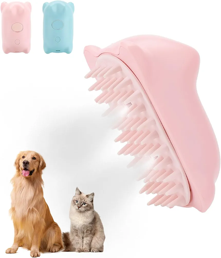 Chinoket Cepillo de vapor para perros y gatos, cepillo de vapor 3 en 1 para gatos, peine para gatos, cepillo de aseo, peine de depilación para perros y gatos, 2 sprays (rosa)