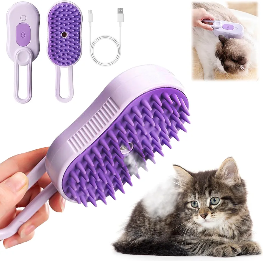 DONGTATA Cepillo de Vapor para Gatos 3 en 1 Steamy Cat Brush Cepillo de Vapor para Gatos para Masaje Vepillo de Vapor Autolimpiable para Gatos Perros para Cachorros de Gatos Cortos, Medianos y Largos