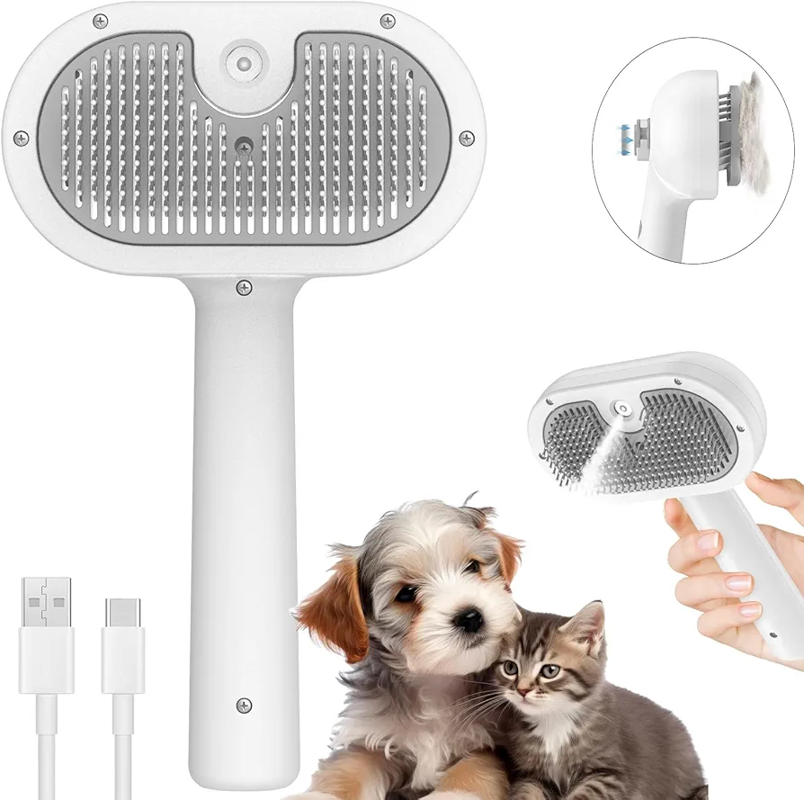 Osinaga Cepillo para gatos Cepillo para Perros para Mascotas, Peine Quita Pelos para Mascotas con Depósito de agua y Spray, Limpia el Pelo de la Mascota del Cepillo con un Botón, Recargable por USB