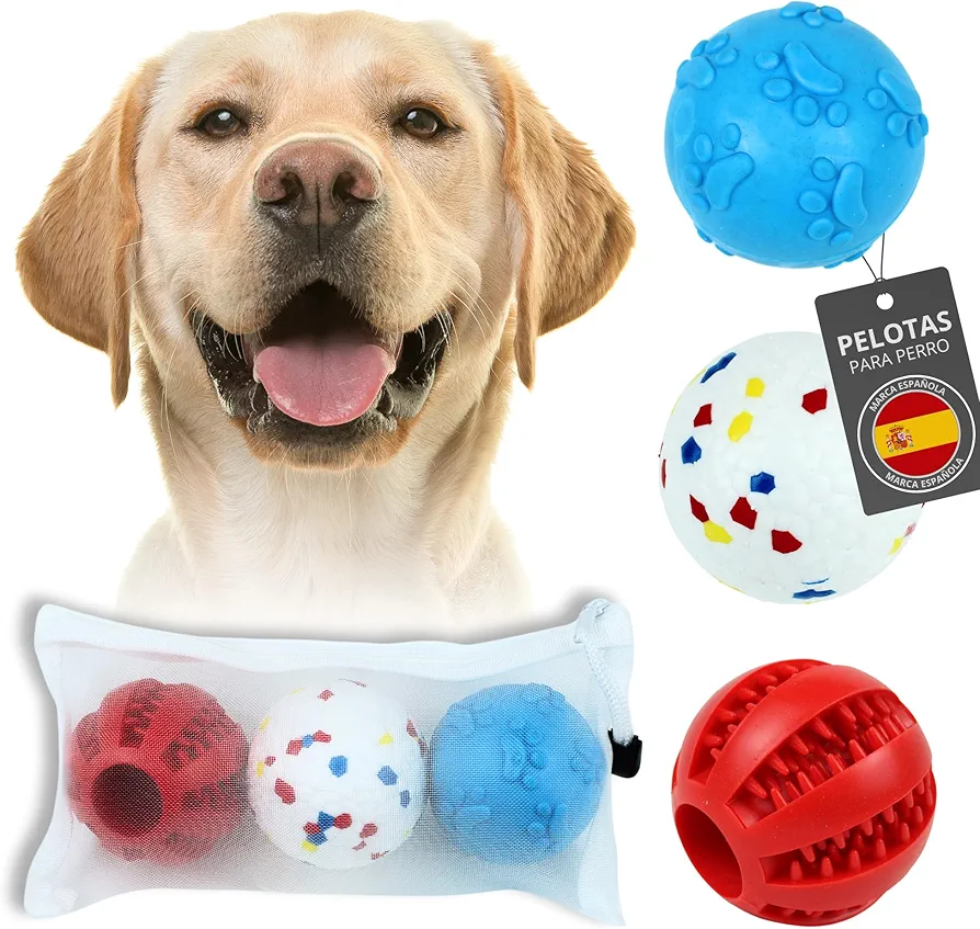 Zedegran: "Pack de 3 Pelotas para Perros + Bolsa de Almacenamiento, Mordedores, Juguetes para Perros. Diversión, Entretenimiento y Cuidado Dental en un Solo Set