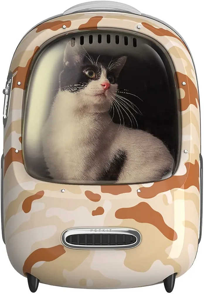 PETKIT Breezy Dome Mochila para Perros y Gatos, Mochila de Viaje para Cachorros, Ventilador Incorporado y Luz LED, Desmontable, Ligera y Cómoda, 33 * 30 * 45cm, Pilas No Incluidas (Camuflaje)