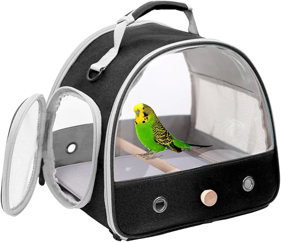 Interfashioner® Transportador de viaje para pájaros pequeños, jaula portátil para loros, periquitos, periquitos, cacatúas con bandeja de acero inoxidable y percha de madera (negro)