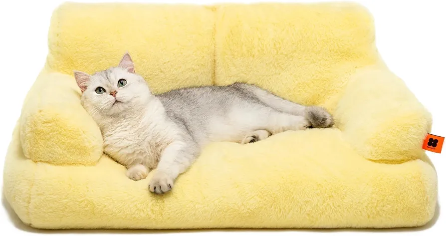 MEWOOFUN Cama para gatos y perros, mullida y suave, pequeños y grandes, 66 x 48 cm, bonita cama para gatos con parte inferior antideslizante, color amarillo