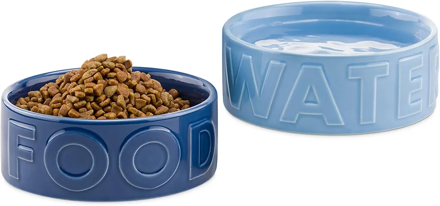 Navaris Comedero y Bebedero para Mascotas - 2X Bol para Perros Medianos y Grandes - Boles de cerámica de 700 ml para Mascota - Aptos lavavajillas - Diseño Water y Food - Azul