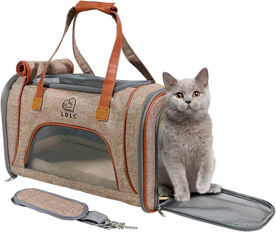 PETCUTE Transportín para Perros y Gatos,Transportín de Viaje Portátil y Transpirable para Perro con Cojín Extraíble,Bolsa Transporte Plegable para Gato con Correa de Hombro Ajustable,Jengibre